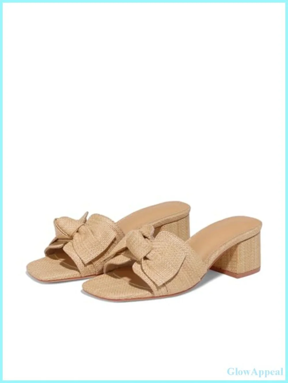 Woven Raffia Bow Block Heel Slide Sandals Women Square Toe Slip On Dressy Mules